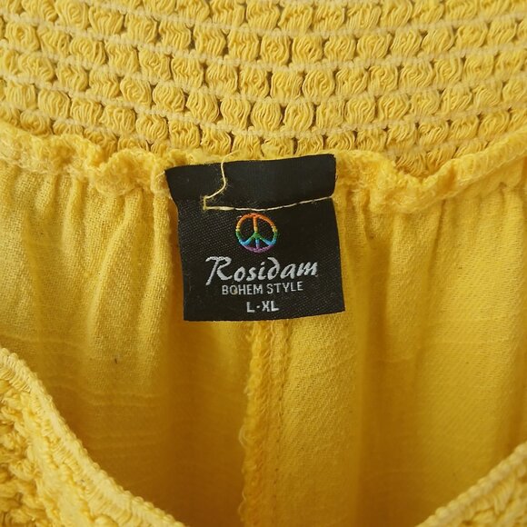 Rosidam Women's Size L-XL Pants Bohemian Linen Hippie Yellow Mesh Button Elastic - Picture 3 of 15